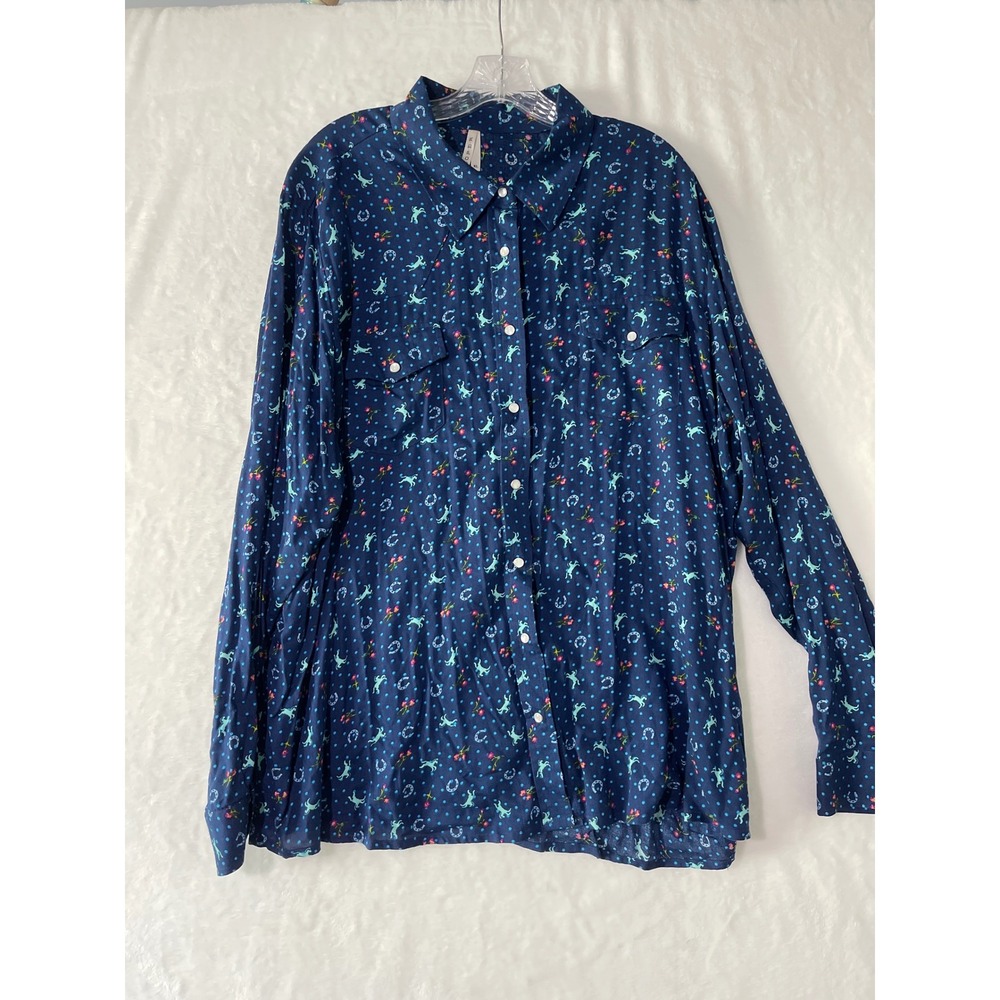 Roper Mens XL Western Snap Pearl Shirt Navy Blue Horse Horseshoe Long Sleeve